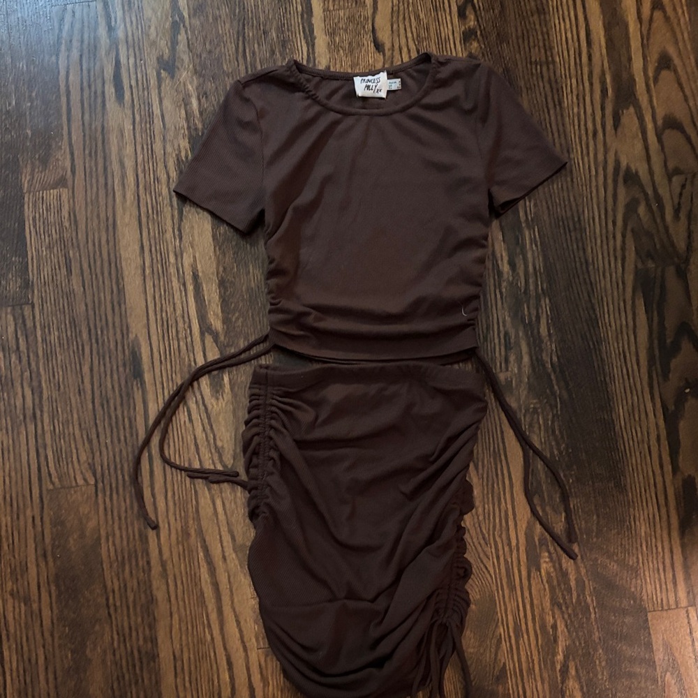 Princess Polly Chocolate Ribbed Top and Skirt Set